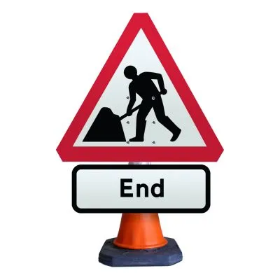Road Works Ahead Sign with End Cone Sign